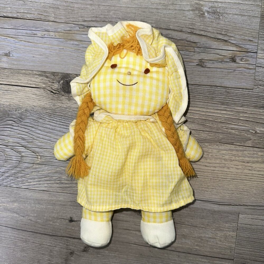 Vintage Eden yellow And White Checked Cloth Doll Braided Yarn Hair 10” # 3685